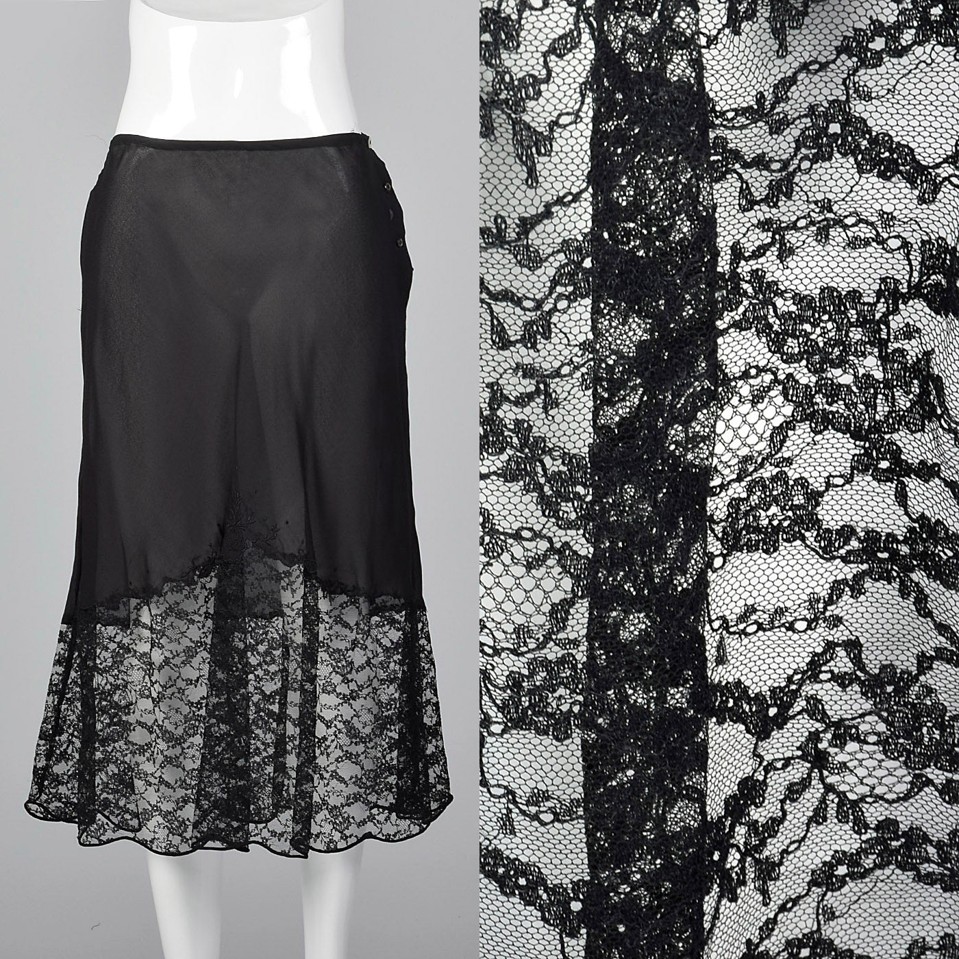 1940s Black Half Slip with Scalloped Sheer Lace Hem