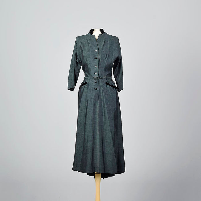 1950s Green and Black Sharksin Dress with Black Velvet Trim