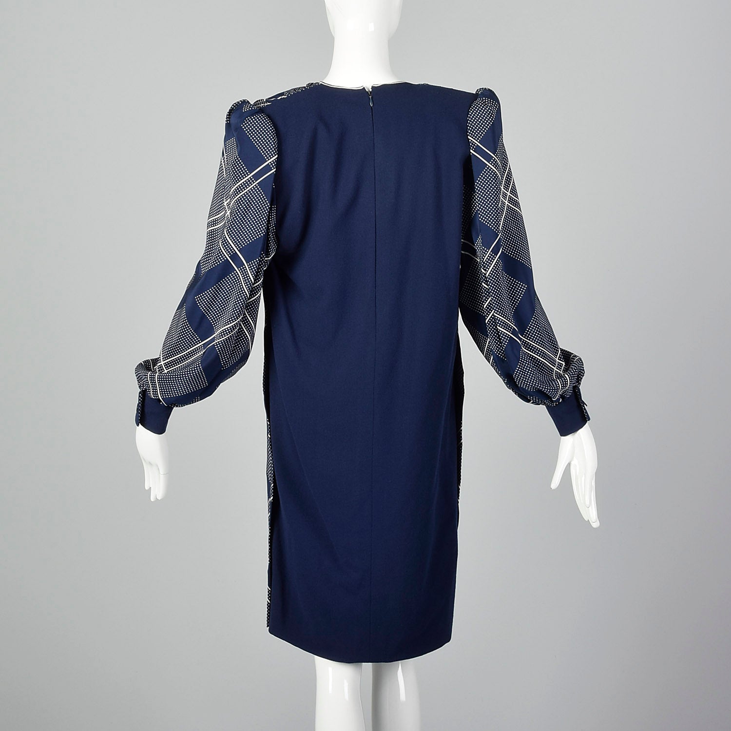 Medium Galanos 1980s Navy Blue Plaid Dress