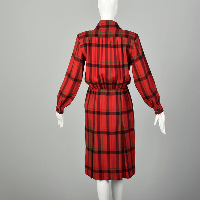 Small 1970s Yves Saint Laurent Rive Gauche Red Plaid Dress Double Breasted Long Sleeves