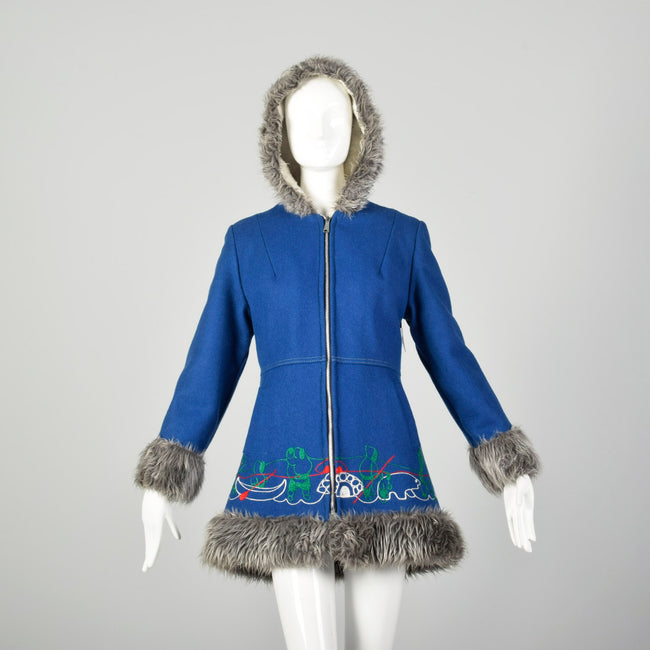 Small 1960s Mod Blue Novelty Coat Faux Fur with Inuit Embroidery