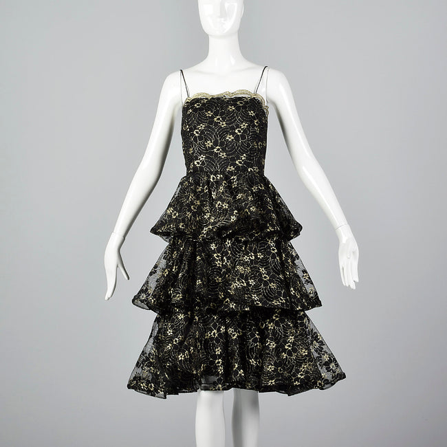 1980s Lillie Rubin Black & Gold Lace Dress with Layered Skirt