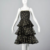 1980s Lillie Rubin Black & Gold Lace Dress with Layered Skirt