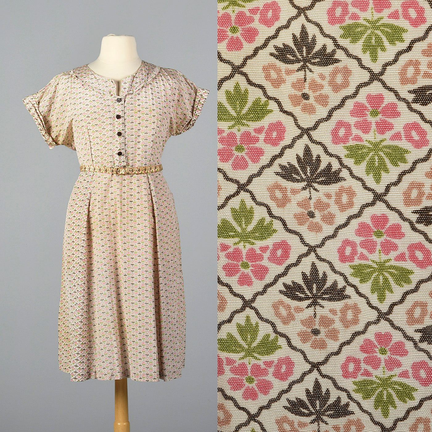 1950s Pink and Green Rayon Print Dress