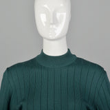 XS Burberry 1970s Green Sweater Lightweight Wool Mock Neck Ribbed Knit