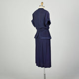 Large 1940s Dress Navy Blue Rayon Peplum Low Cut 'V' Neckline