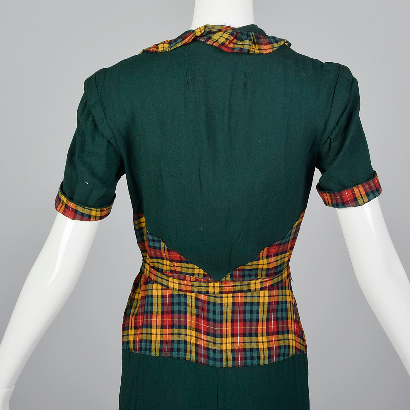1930s Green Dress with Colorful Plaid Trim