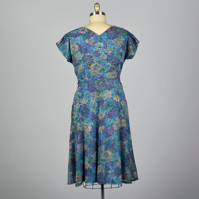 1950s Blue Floral Print Dress with Chiffon Overlay