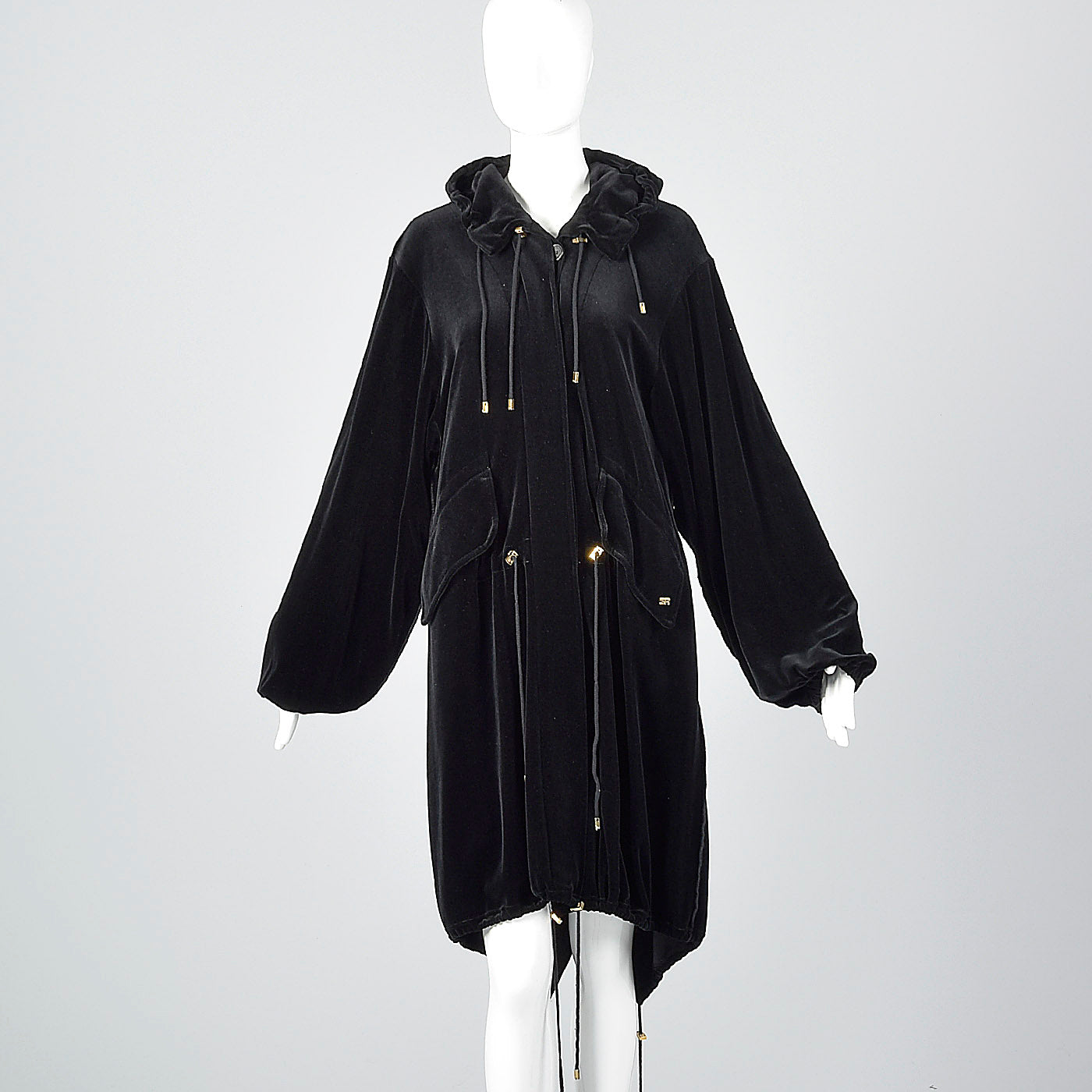 1990s Sonia Rykiel Loose Black Velvet Hooded Coat