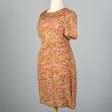 1950s Brown Floral Dress with Cut Out Neck