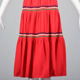 1950s Bohemian Off Shoulder Dress in Red Cotton