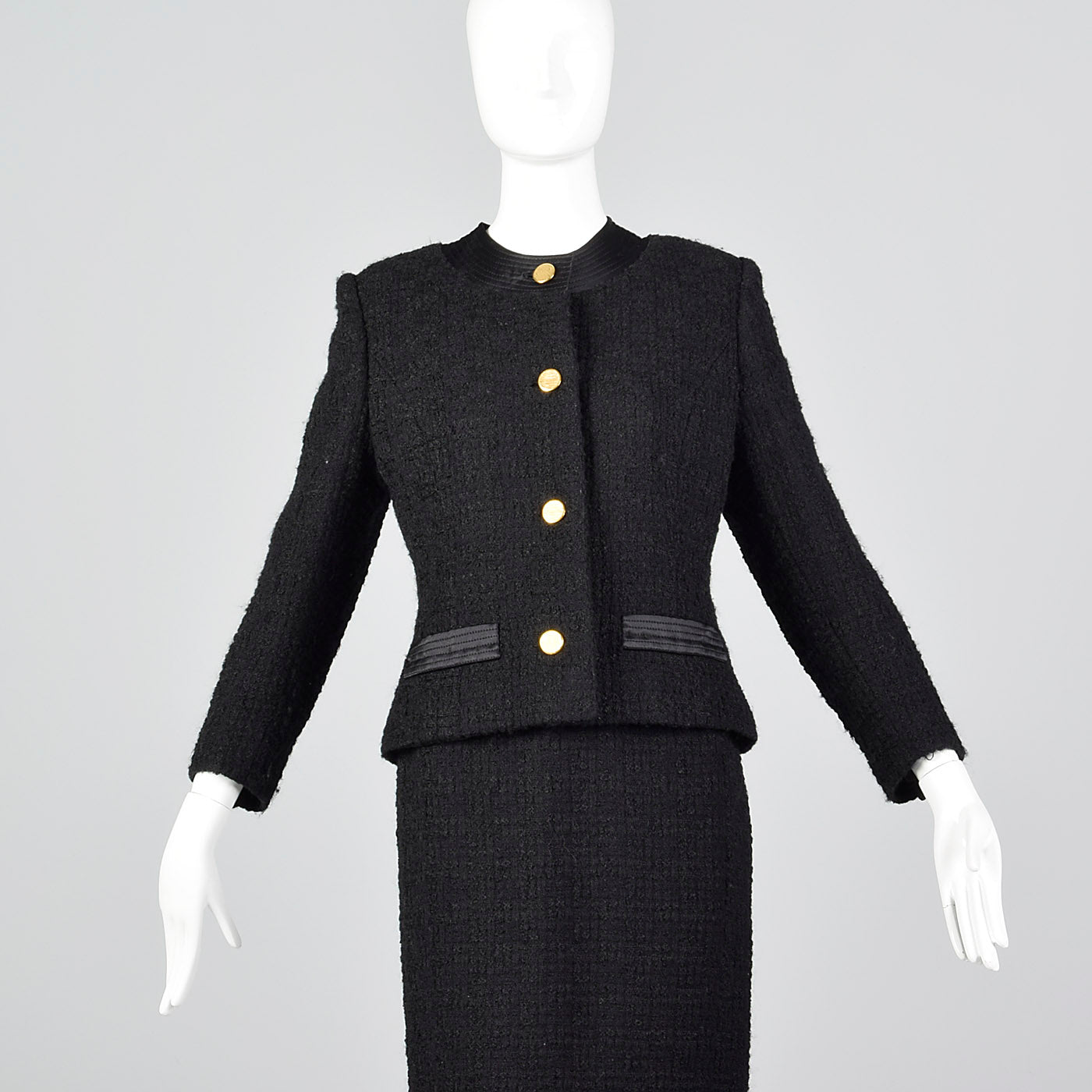 1960s Black Chunky Tweed Skirt Suit