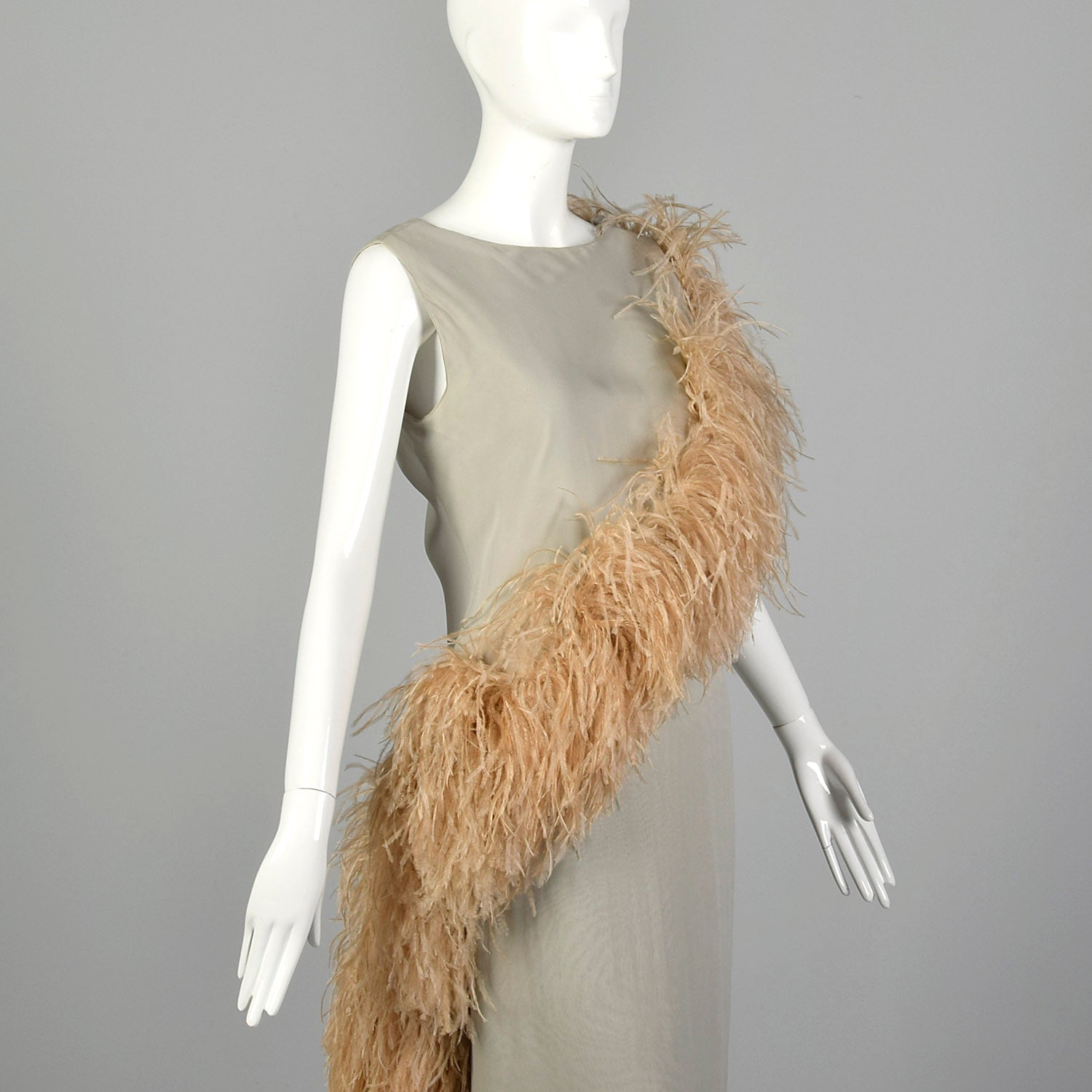 Medium 1970s Gray Silk Column Dress with Feather Trim