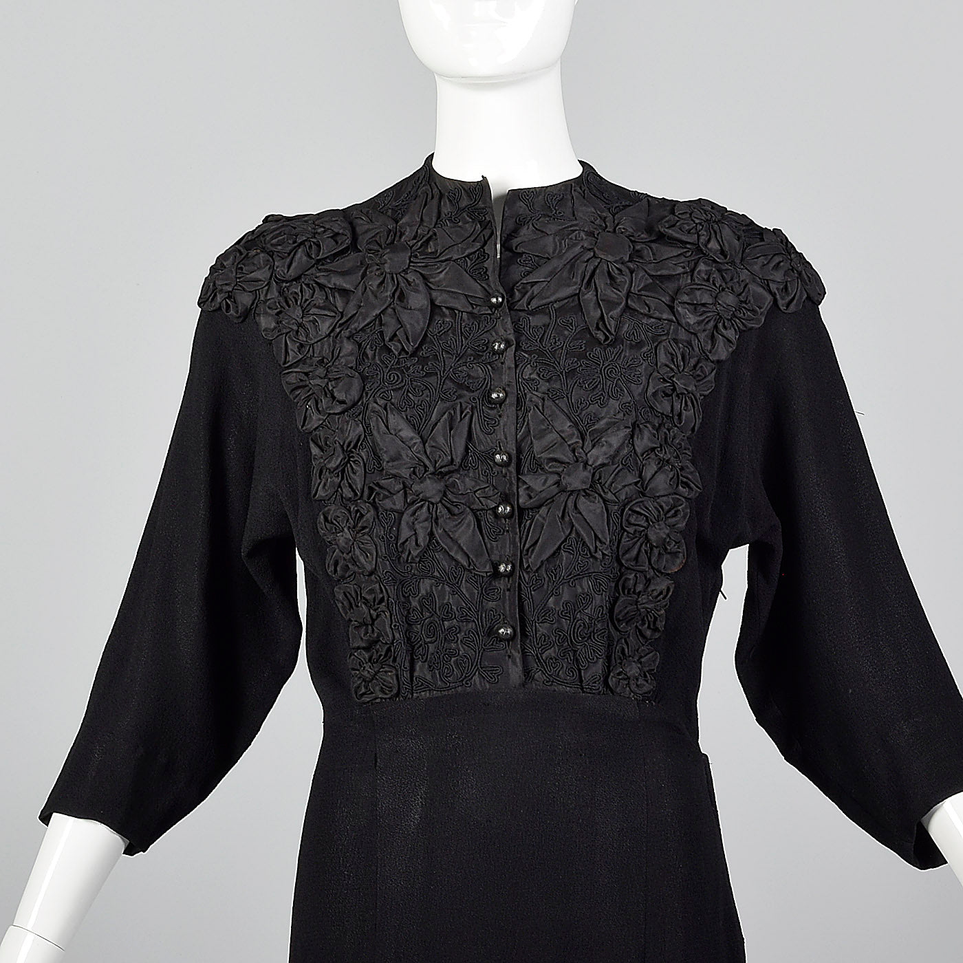 1940s Black Dress with Three Dimensional Applique and Soutache