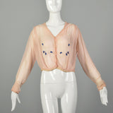 Large 1910s Edwardian Silk Blouse Pink Beaded Sailor Collar Long Sleeve