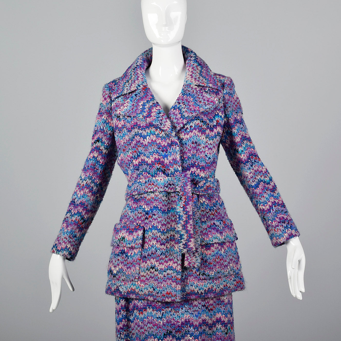 1970s Via Veneto Couture Boutique Purple Tweed Skirt Suit
