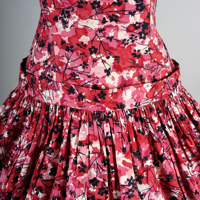 1950s Red and Pink Floral Dress with Dropped Waist