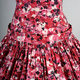 1950s Red and Pink Floral Dress with Dropped Waist