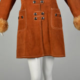 Small 1970s Suede Shearling Coat Boho Leather Sherpa Outerwear