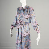 1940s Silk Periwinkle Blue Dress with Floral Print