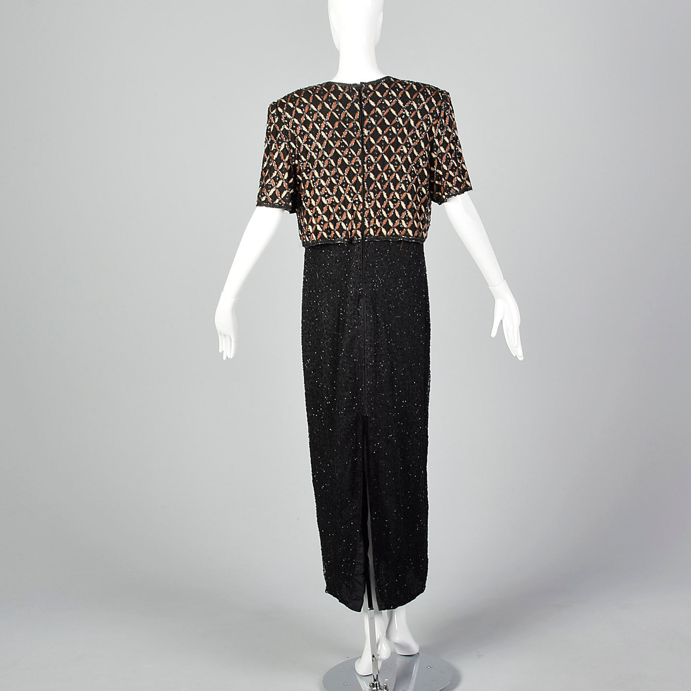1990s Black Beaded Faux Jacket Maxi Dress