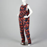 1980s Corduroy Jumpsuit in Black Floral Print