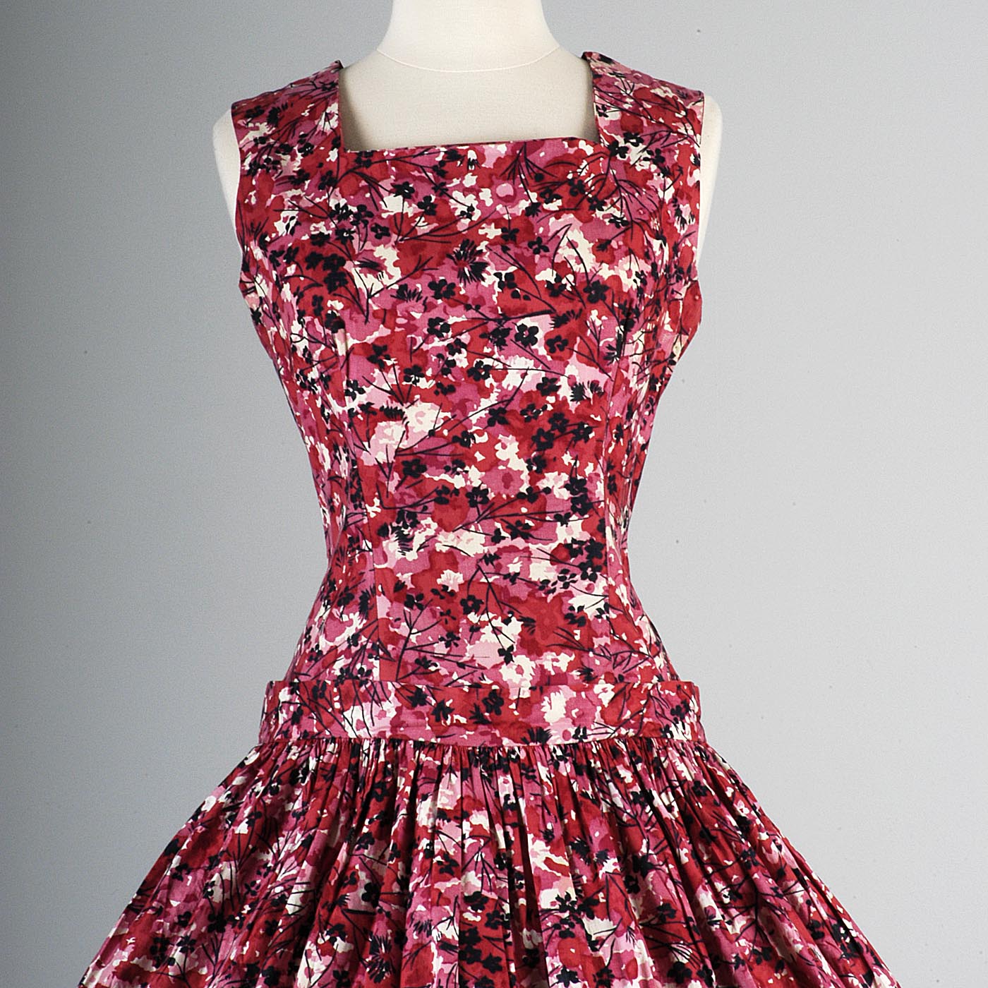 1950s Red and Pink Floral Dress with Dropped Waist