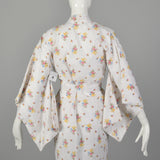 White Cotton 1970s Kimono Floral Seersucker Robe Long Sleeve