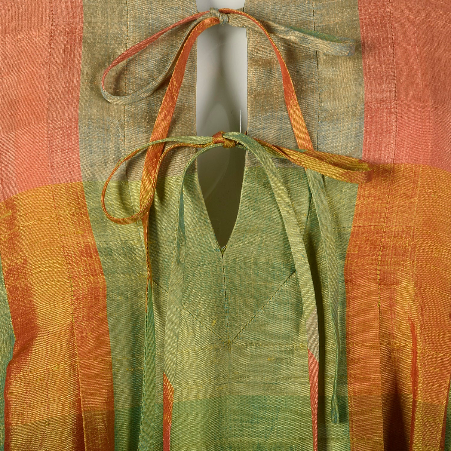 Medium Treacy Lowe 1970s Green and Orange Plaid Silk Maxi Dress