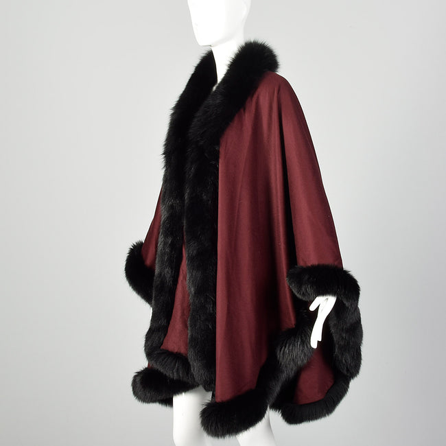 OSFM Alaskan Burgundy Cashmere Black Fox Fur Trim Wrap