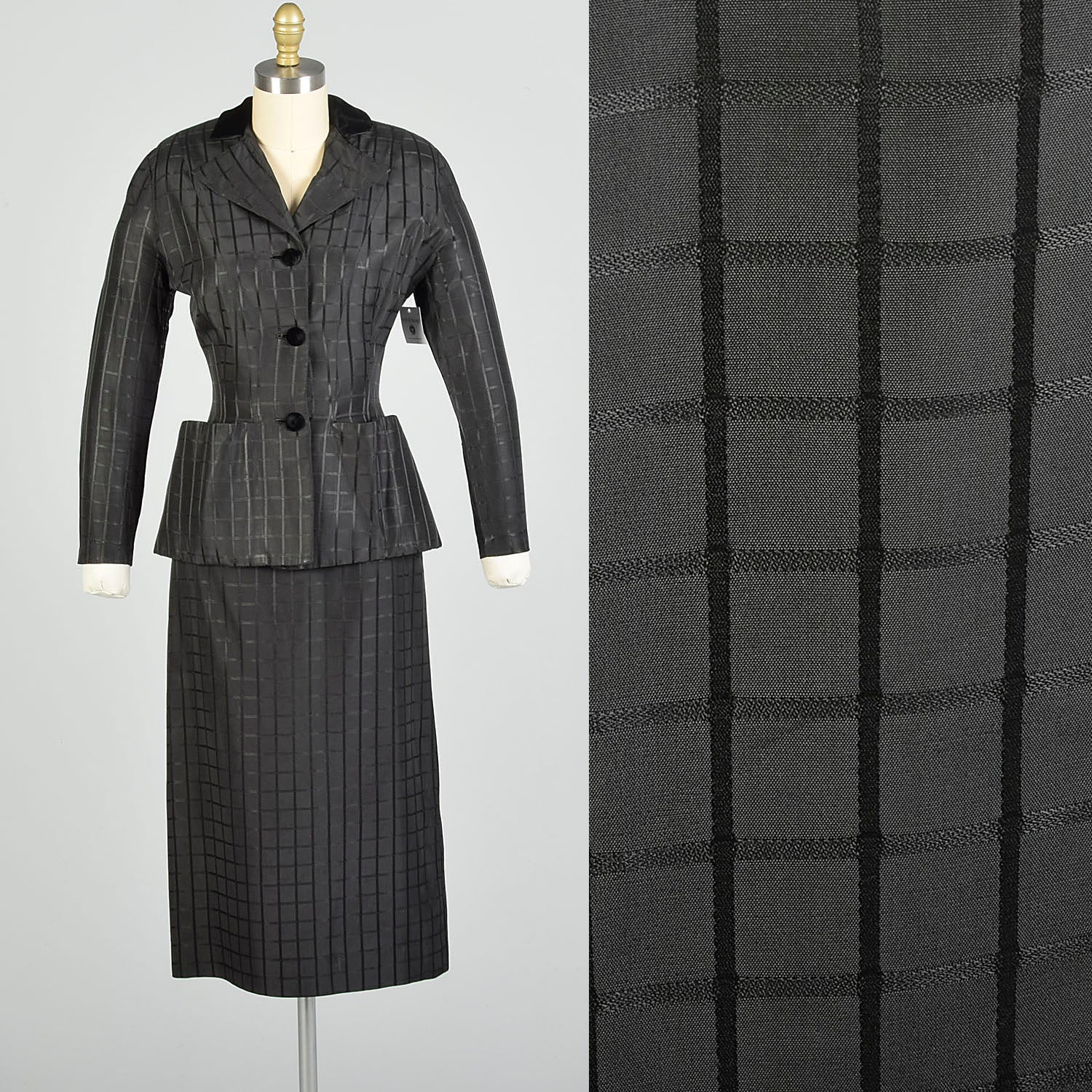 Small 1950s Femme Fatale Suit Bombshell Jacket Skirt Set Black Window Pane Taffeta Hourglass Suit