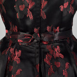 Small Suzy Perette 1950s Dress Black and Red Floral Silk Brocade with Built in Crinoline