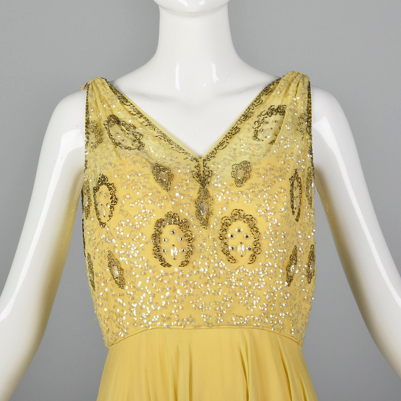 1960s Yellow Chiffon Beaded Dress