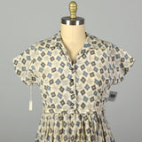 XL 1950s Deadstock Day Dress Blue Print Cotton Short Sleeve Casual