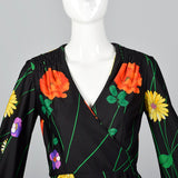1970s Black Floral Midi Dress with Bishop Sleeves