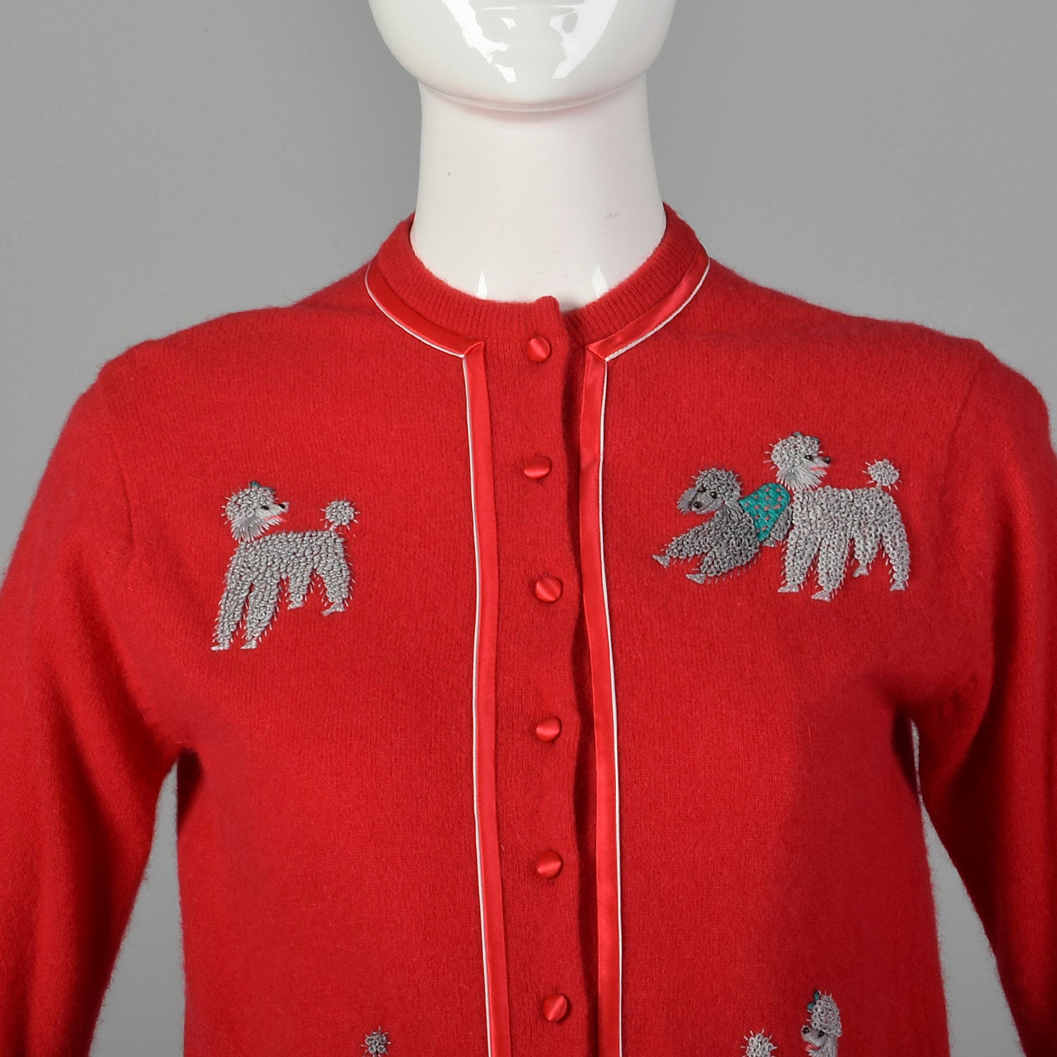 1950s Novelty Poodle Cardigan Sweater Lipstick Red with Satin Trim