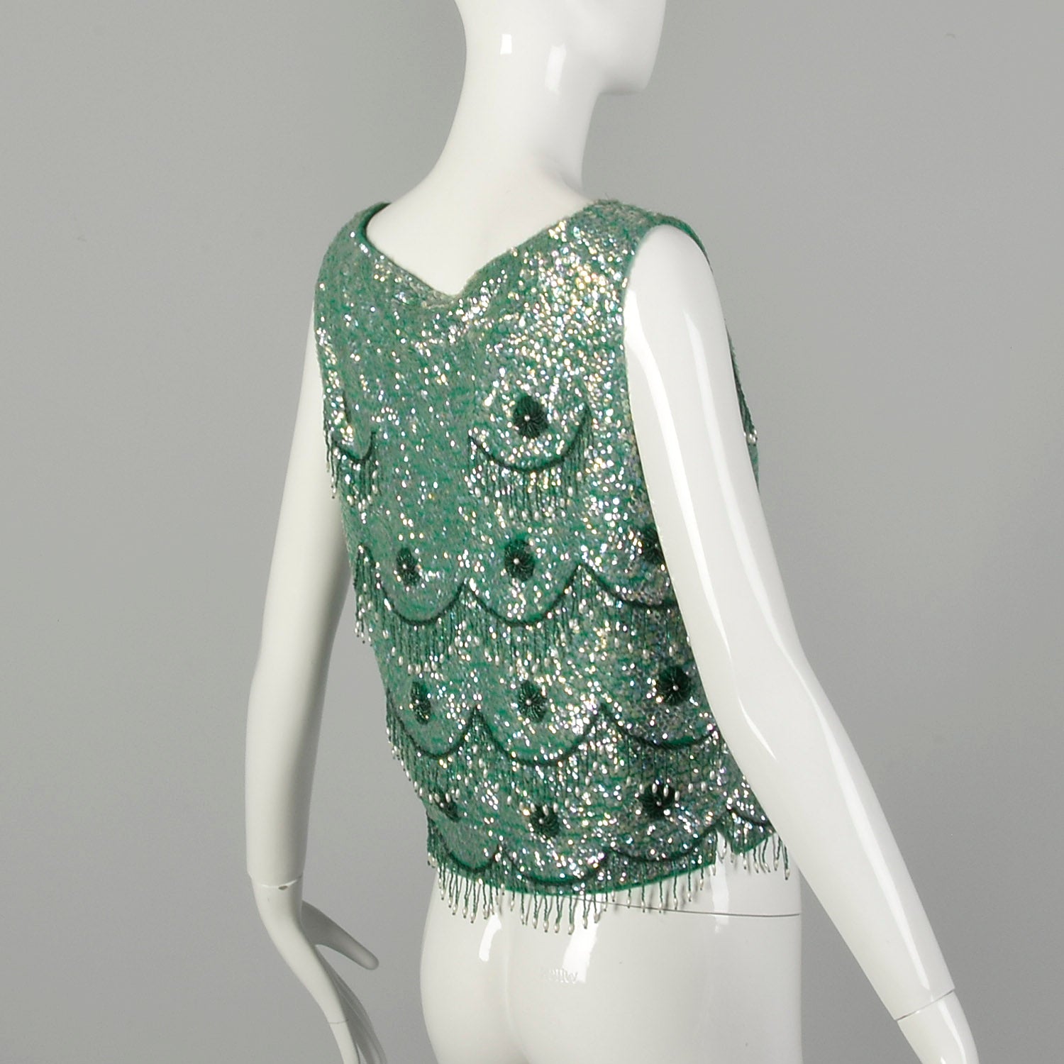 Medium 1960s Top Sleeveless Sequin Green Beaded Cocktail Evening Shirt