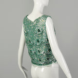 Medium 1960s Top Sleeveless Sequin Green Beaded Cocktail Evening Shirt