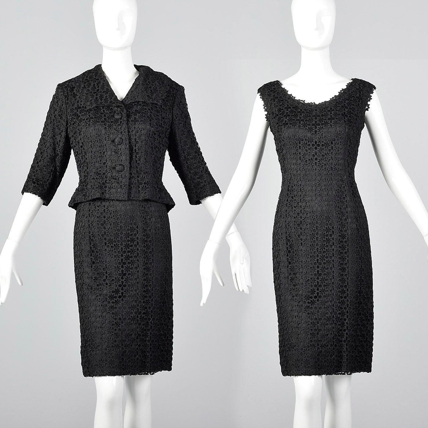 1950s Black Dress and Jacket Set in Hand Loomed Spiderweb Lace