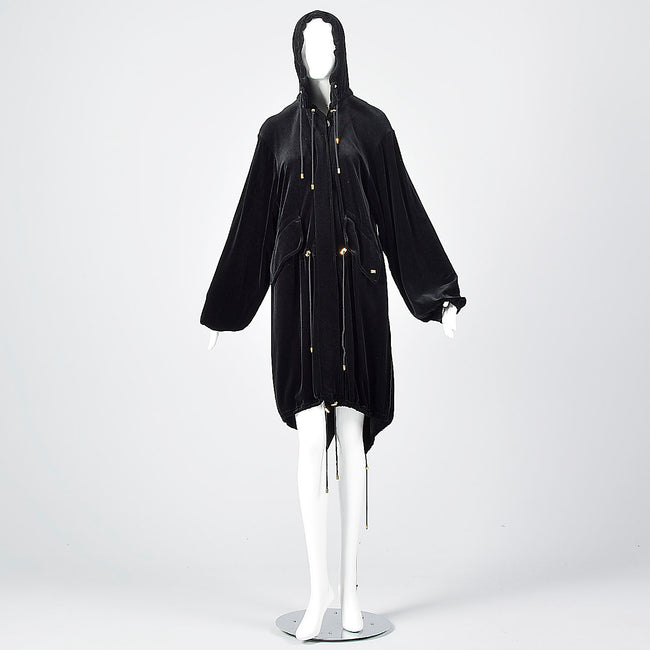 1990s Sonia Rykiel Loose Black Velvet Hooded Coat