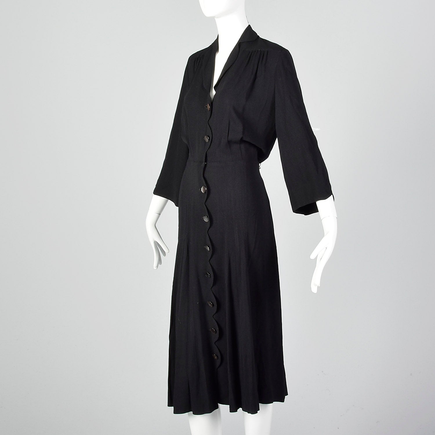 1940s Scalloped Black Rayon Dress