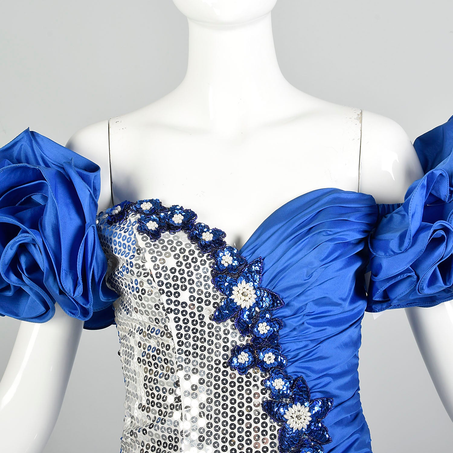 XS 1980s Blue Silver Sequin Calypso Gown Hi Lo Ruffle Hem Asymmetric Taffeta Skirt