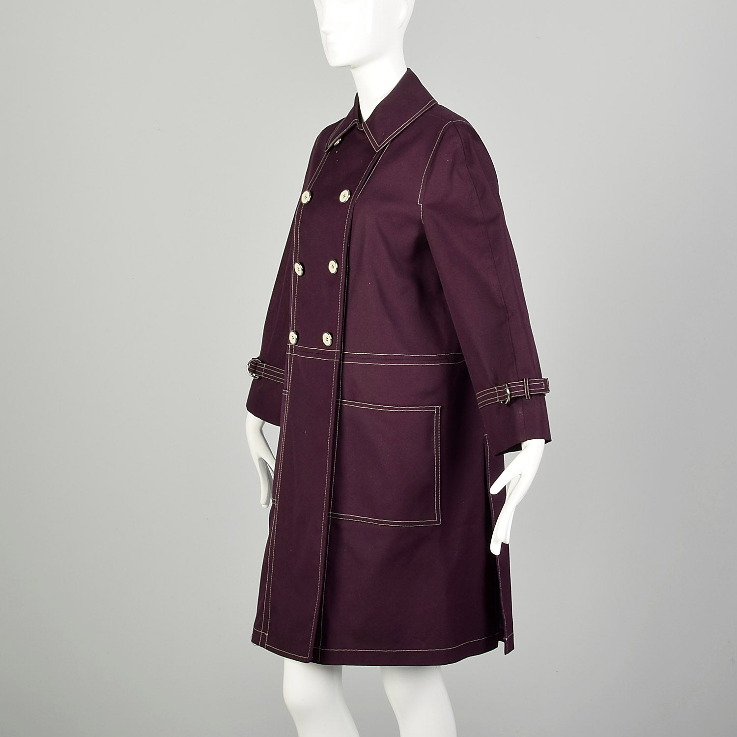 Medium 1960s Coat Aubergine Mod Double Breasted Plum Canvas Autumn Topstitched