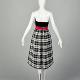 XL 1980s Black Prom Dress Strapless Velvet Plaid Formal Evening