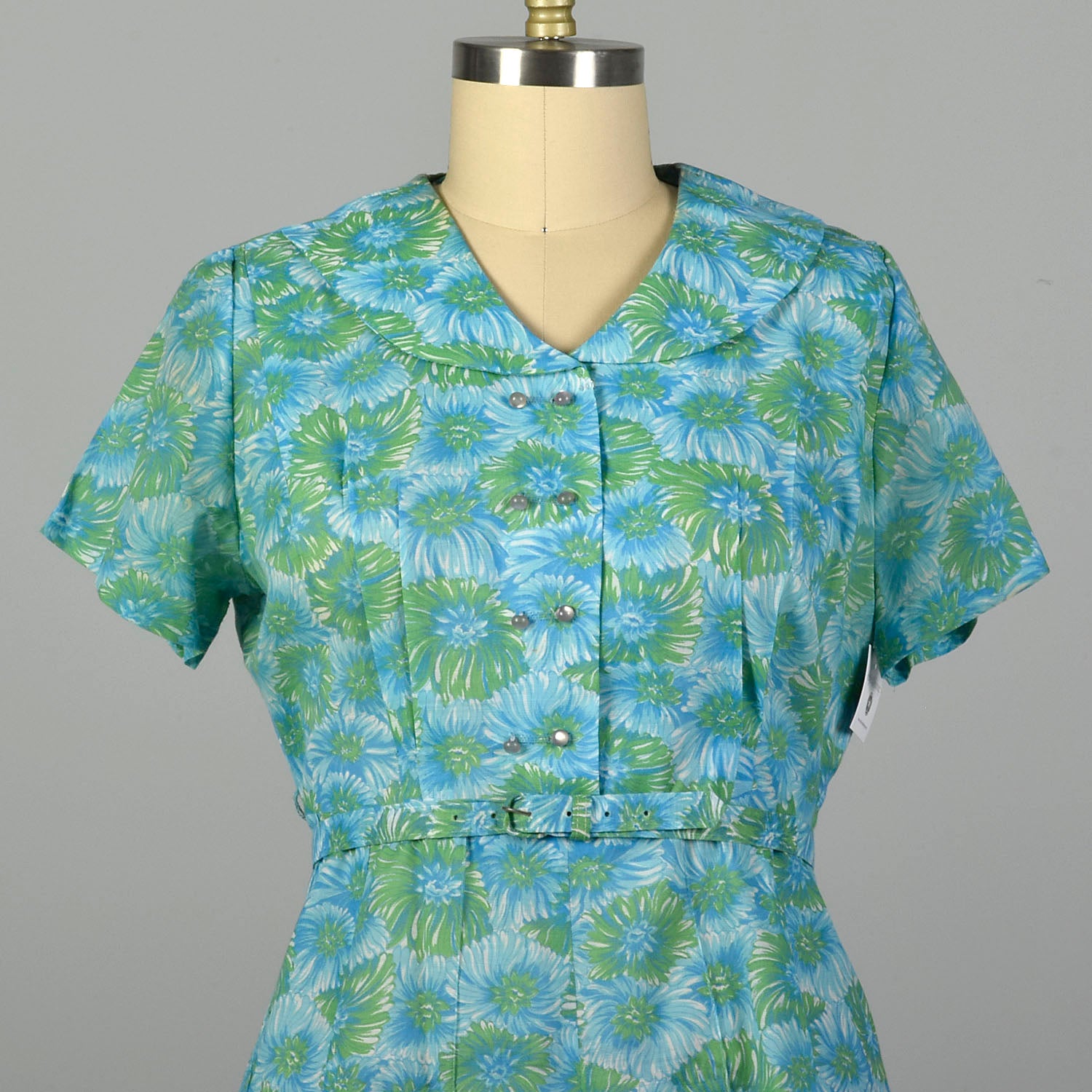 3XL 1950s Blue Floral Day Dress Green Short Sleeve Casual Volup