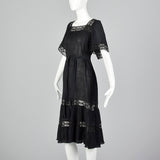 1970s Black Gauze Dress with Lace Trim