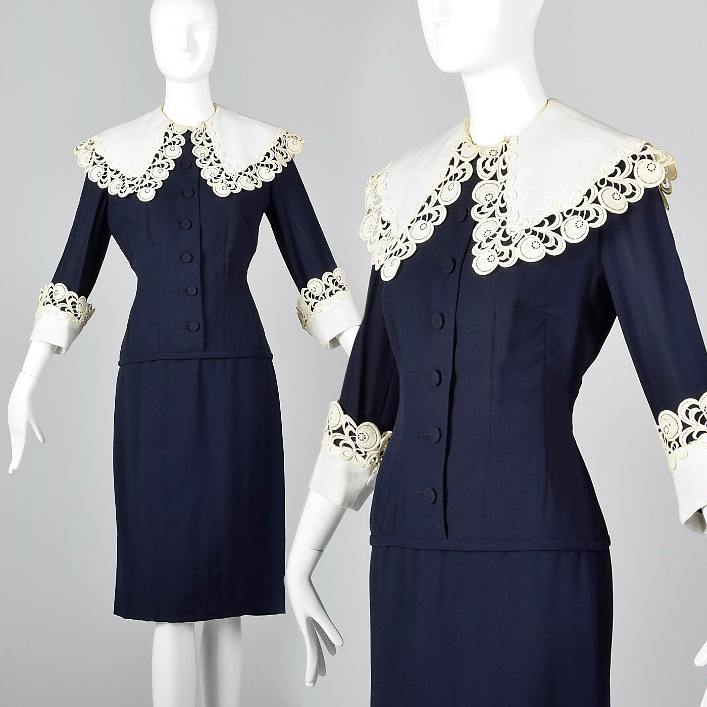 1950s Navy Blue Dress with Large Collar and Cuffs