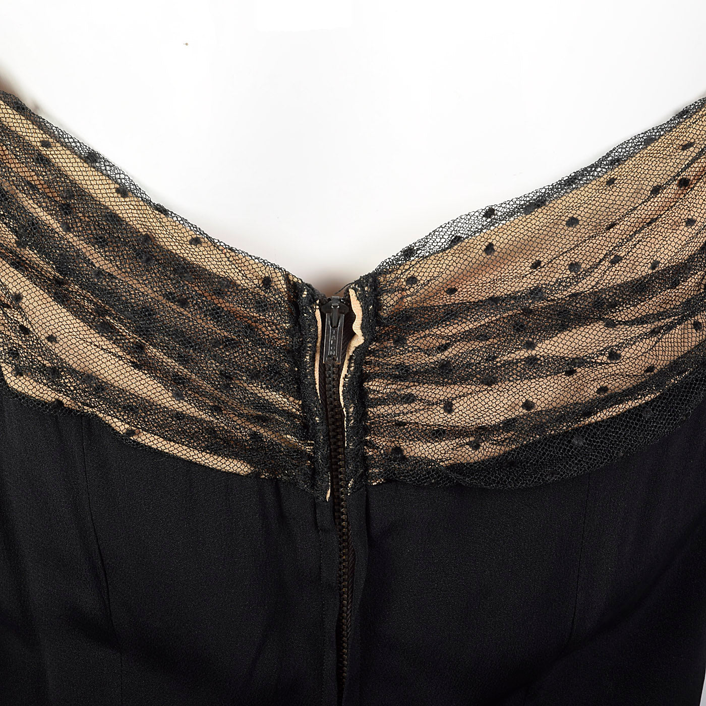 1950s Black Dress with Lace Illusion Neckline