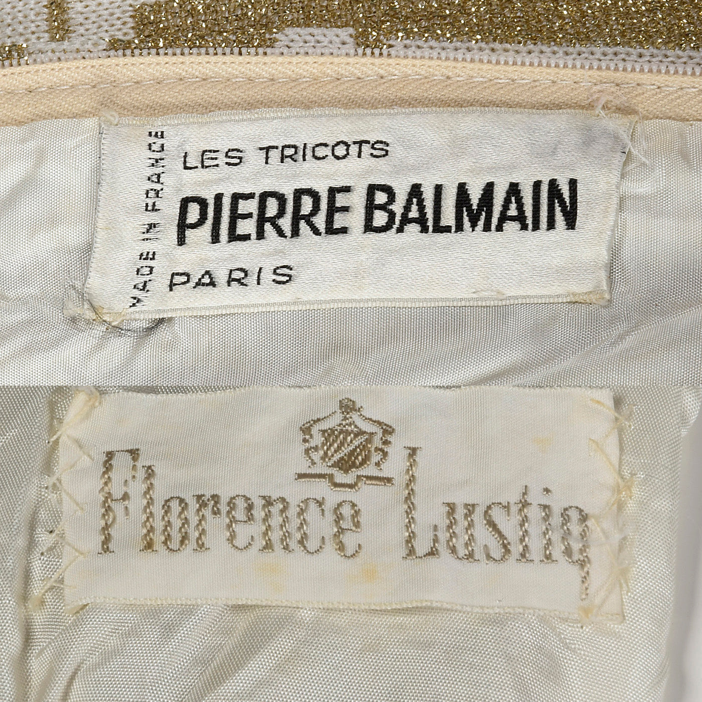 Incredible 1960s Balmain Les Tricots Geometric Gold Knit Maxi Dress