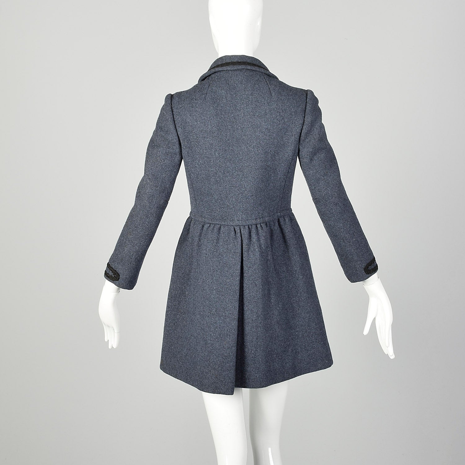XXS 1960s Coat Blue Wool Babydoll Mod Black Military Trim Winter Heavyweight Winter Coat